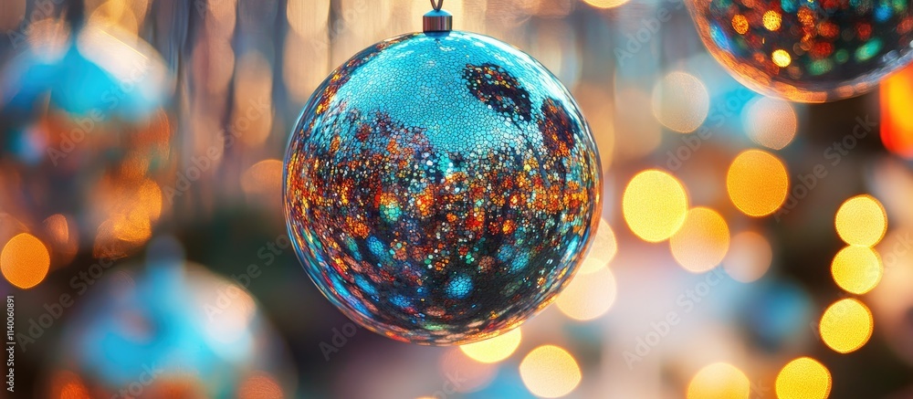 Poster close up view of reflective christmas ornaments with colorful bokeh lights in the background creatin