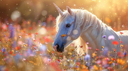Magical Unicorn in a Field of Flowers