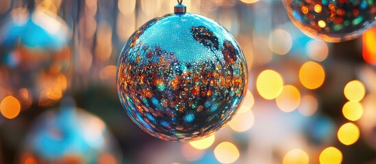 Obraz premium Close up view of reflective Christmas ornaments with colorful bokeh lights in the background creating a festive atmosphere.