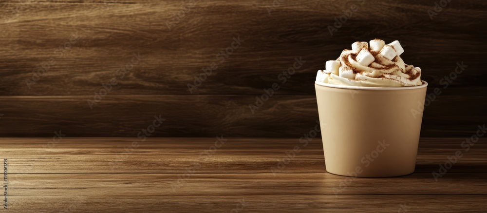 Poster warm mug of hot cacao adorned with fluffy marshmallows displayed on a rustic wooden table setting