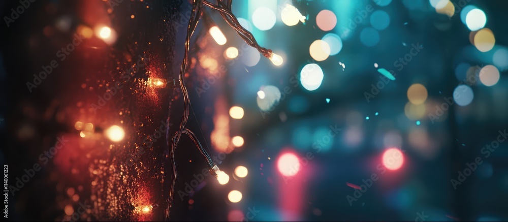 Poster closeup of illuminated garland lights creating a vibrant bokeh effect in a dreamy nighttime setting 