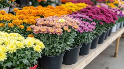 Vibrant autumn display of various chrysanthemum flowers showcasing orange and purple varieties in potted arrangements at a garden center