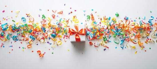 Colorful celebration concept with gift box and vibrant streamers on a white background perfect for party planning and festive occasions