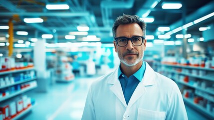 Fototapeta premium A confident man in a lab coat stands in a modern pharmacy, surrounded by shelves stocked with various products, conveying professionalism and expertise.