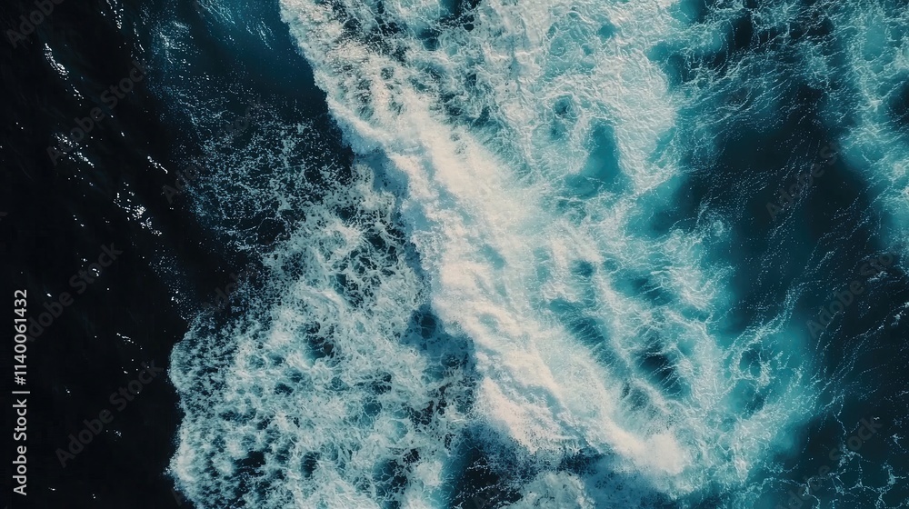Aufkleber aerial view of turbulent ocean waves creating foam and patterns in deep blue sea water during a vibr
