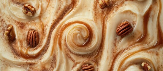 Pumpkin nut caramel cinnamon rolls with cream icing overhead view showcasing sweet homemade pastry and rich textures in close up