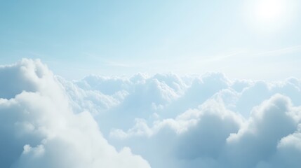 Serene panorama of fluffy clouds drifting softly in a bright blue sky under the gentle glow of sunlight.