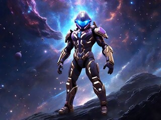Illustration of cyborg alien warrior in space