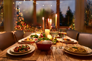 mesa con copas de vino y buena comida, preparada para navidad, con velas y colores cálidos