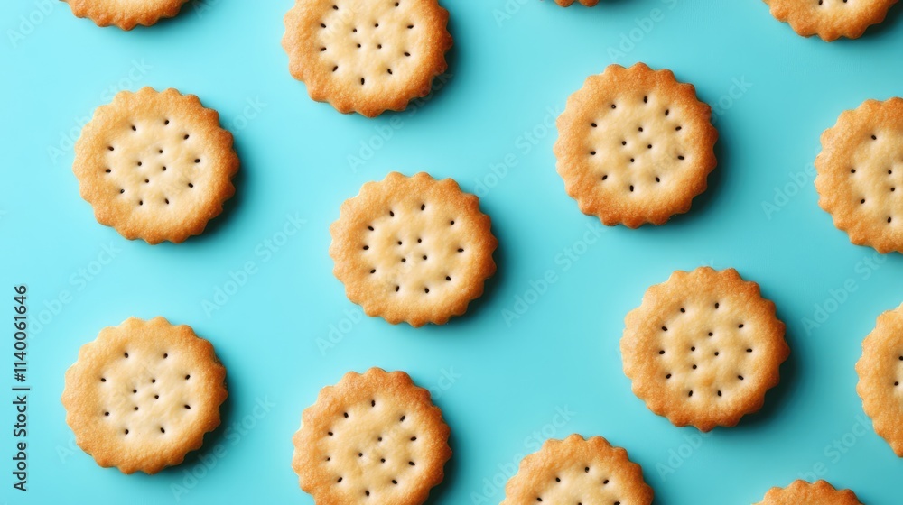 Poster crispy cracker cookies arranged in a pleasing pattern on a soft blue pastel background showcasing a 
