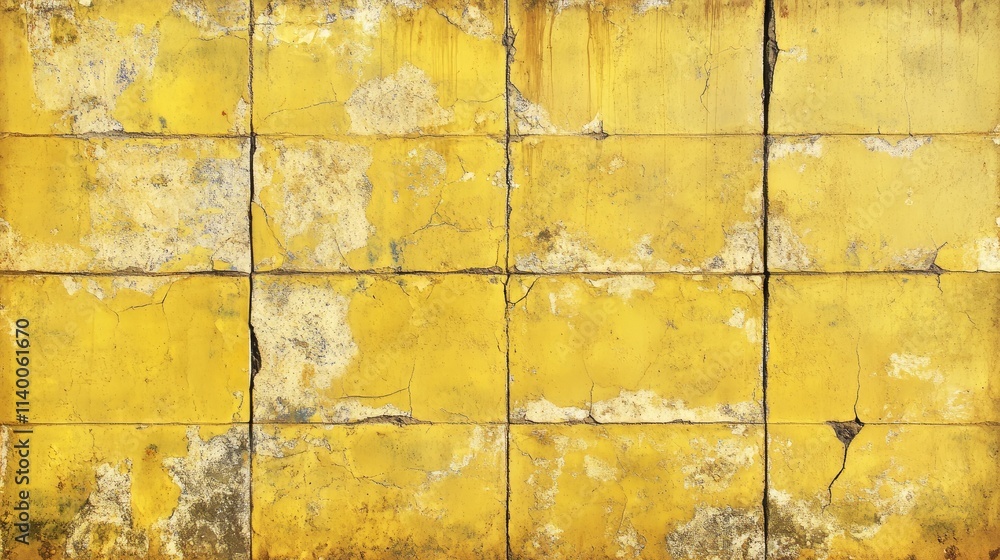 Poster weathered yellow concrete floor tiles with cracks and texture suitable for backgrounds or industrial