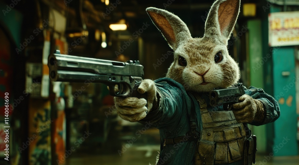 Poster a anthropomorphic rabbit character wielding guns in an urban setting.
