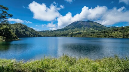 Naklejka premium Scenic view of a volcanic crater lake surrounded by lush greenery under a blue sky with fluffy clouds and a prominent volcano in the background