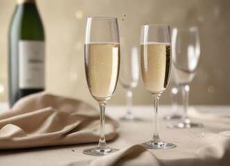 Elegant champagne flute, bubbles rising on linen tablecloth,  alcohol,  restaurant,  sophisticated