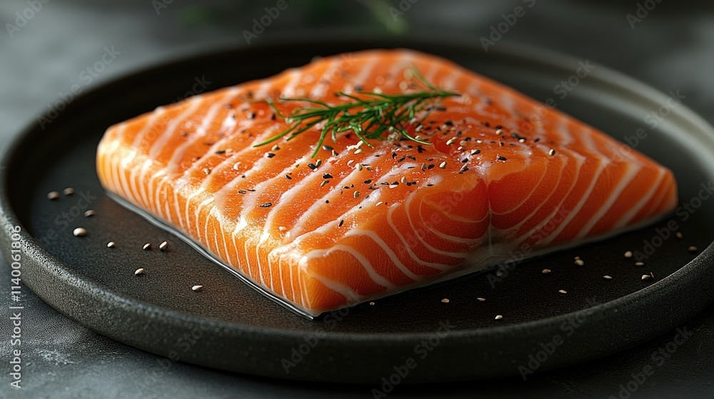 Poster fresh salmon fillet displayed on a dark plate garnished with herbs and spices against a light backgr