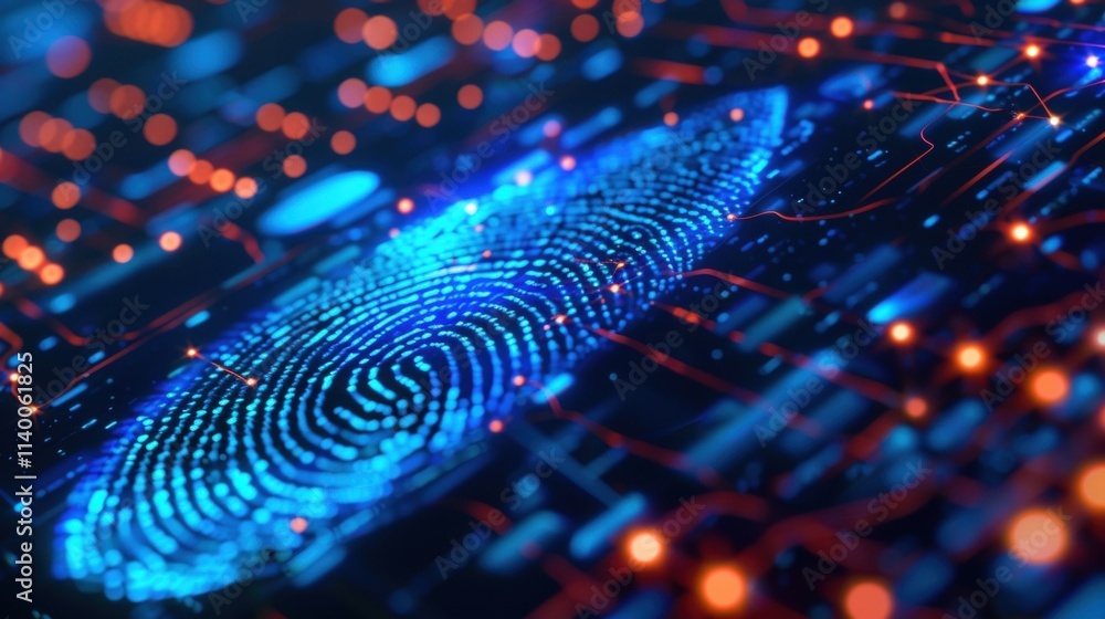 Poster futuristic digital fingerprint scanning on a circuit board ensures advanced biometric security, repr