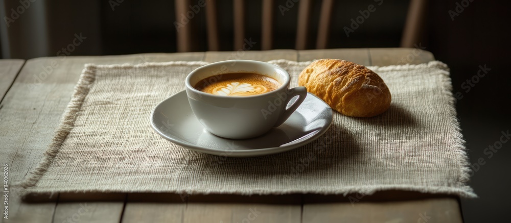 Poster coffee and freshly baked bread on a rustic placemat creating a warm and inviting breakfast scene