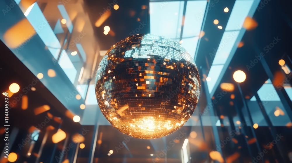 Poster disco ball reflecting colorful lights with vibrant rays in a stylish party venue creating a festive 