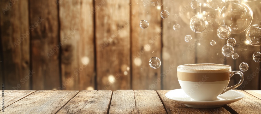 Aufkleber elegant coffee cup surrounded by floating bubbles on a rustic wooden background creating a warm and 
