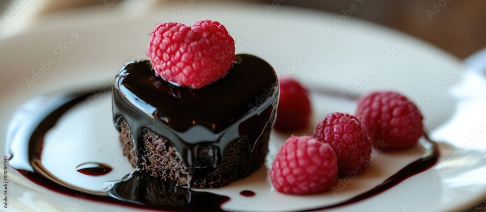 Aufkleber heart-shaped dessert with chocolate drizzle and fresh raspberries served on a white plate creating a