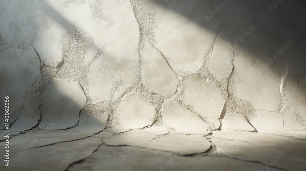 Poster Cracked wall plaster texture in an empty room with dramatic lighting and shadows creating an artistic and rustic atmosphere.