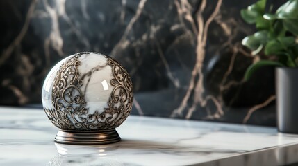 Ornate sphere, marble, metallic filigree, base.