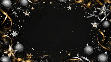 Christmas Background Elegant Holiday Frame with Gold and Silver Ornaments on a Black Background