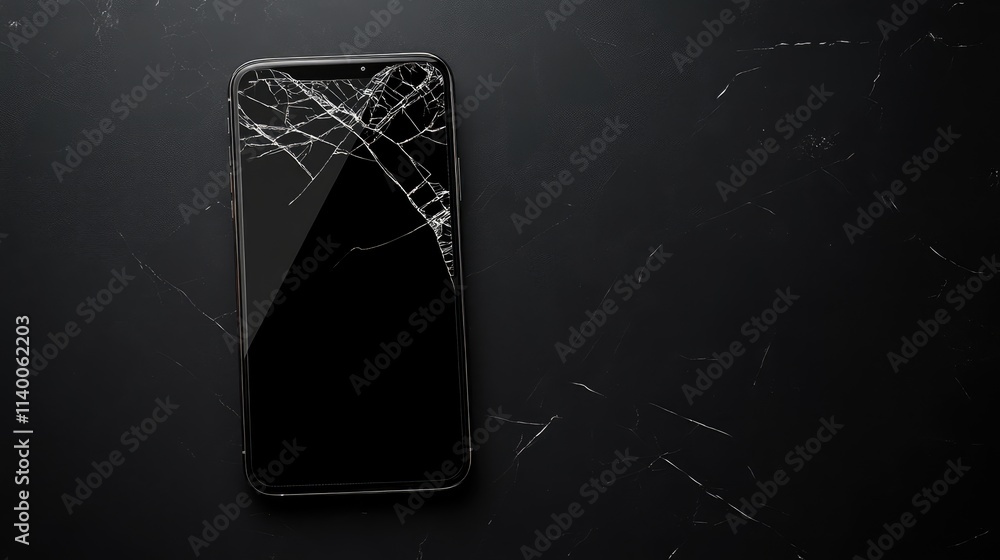 Poster cracked smartphone screen on a dark surface with empty space for text design and background use
