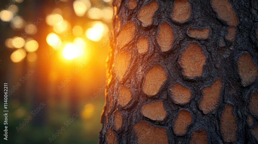 Poster Sunlit tree bark close-up showcasing texture and warm tones against a blurred forest background at sunset