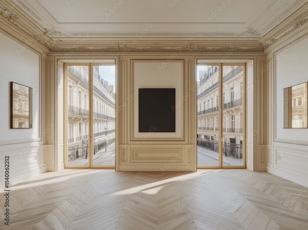 Poster A minimalist art gallery featuring large windows and a blank canvas.
