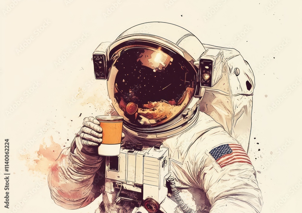 Poster an astronaut enjoying a drink in space, showcasing a blend of exploration and leisure.