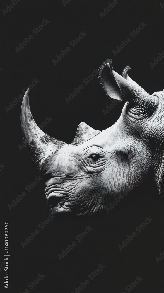 Poster A striking monochrome image of a rhinoceros, emphasizing its unique features and textures.