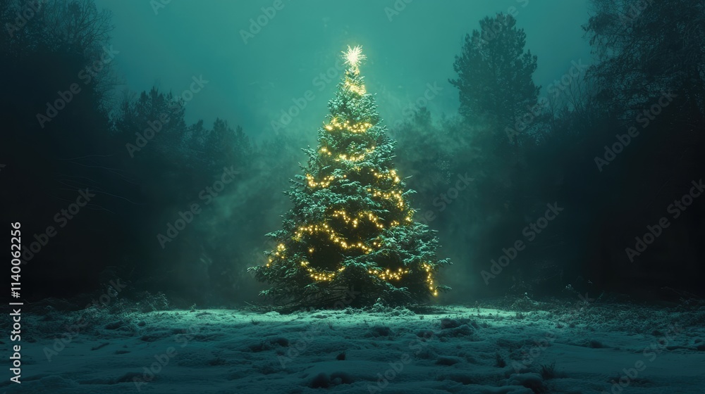 Poster enchanting christmas tree illuminated with lights in a serene snowy forest at night creating a magic