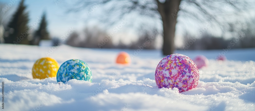 Poster colorful decorative balls resting in snow with snowflakes and a snowy tree backdrop creating a seren