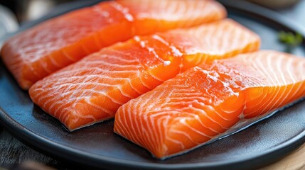 Fresh salmon fillet cut into portions on a rustic plate showcasing natural textures and colors in a culinary presentation