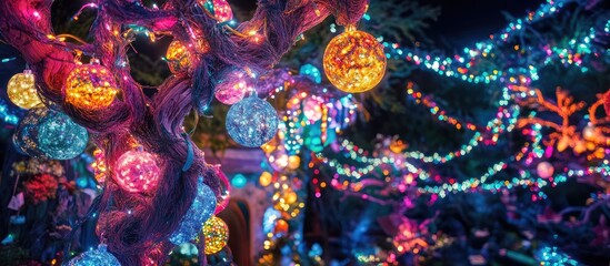 Vibrant night scene of a beautifully decorated tree adorned with colorful lights and ornaments creating a magical atmosphere