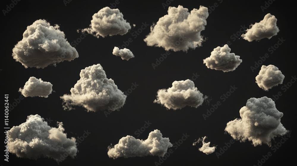 Poster dramatic collection of fluffy clouds against a dark background creating a striking contrast for vari