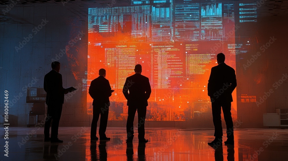 Fototapete Silhouetted figures observing data visualizations in a high-tech environment.