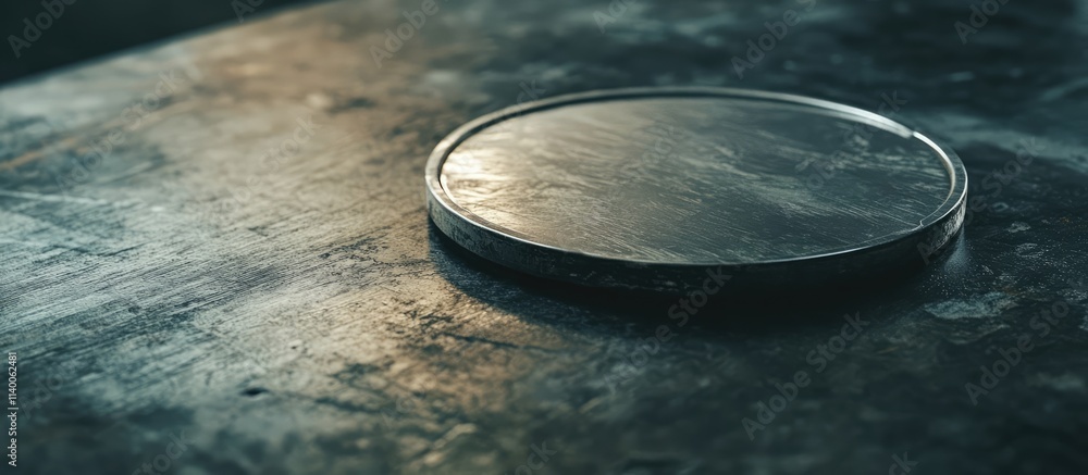 Poster close-up shot of a circular metal plate on a textured surface highlighting distance and perspective 