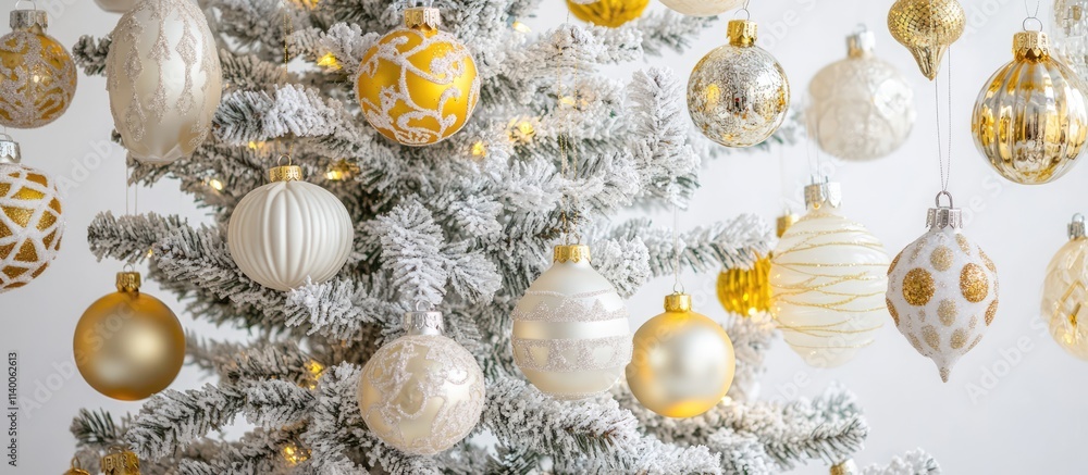 Aufkleber elegant christmas tree adorned with white and gold ornaments set against a soft white background wit
