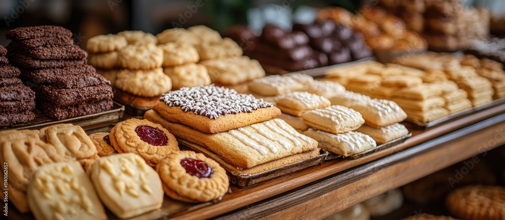Poster assorted gourmet cookies arranged on elegant trays perfect for dessert displays and culinary events