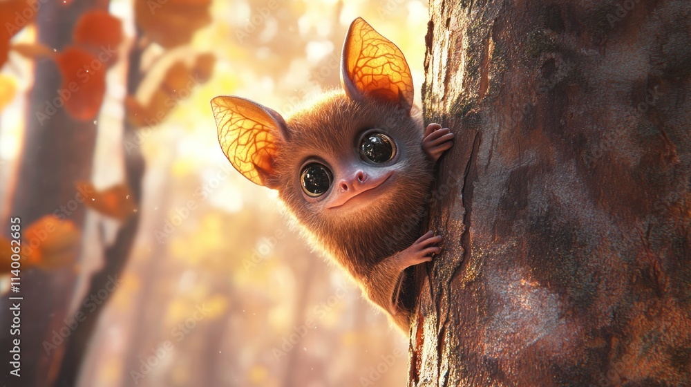 Poster a cute, fantasy creature peeks from behind a tree in a whimsical forest setting.