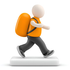 A 3D character with a backpack is walking, representing travel and adventure.