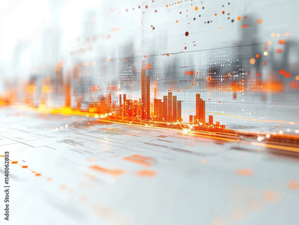 Poster abstract digital cityscape with glowing elements and data visualization.