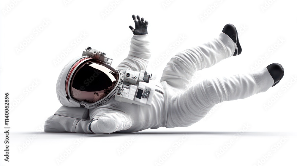 Poster an astronaut in a white suit appears to be falling or tumbling on a white background.