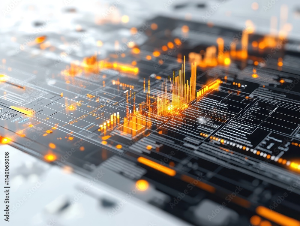 Poster abstract digital landscape with glowing data visualizations and circuitry.
