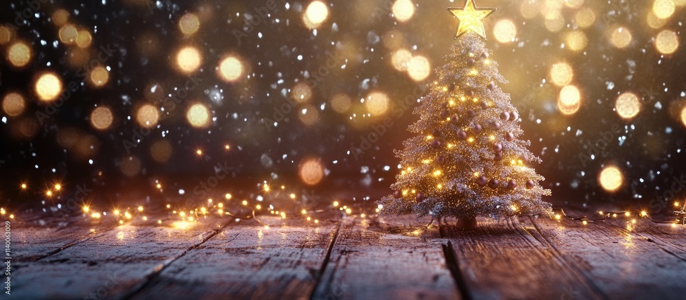 Poster Charming Christmas tree decoration with glowing lights and bokeh effect on a rustic wooden background celebrating the festive season.