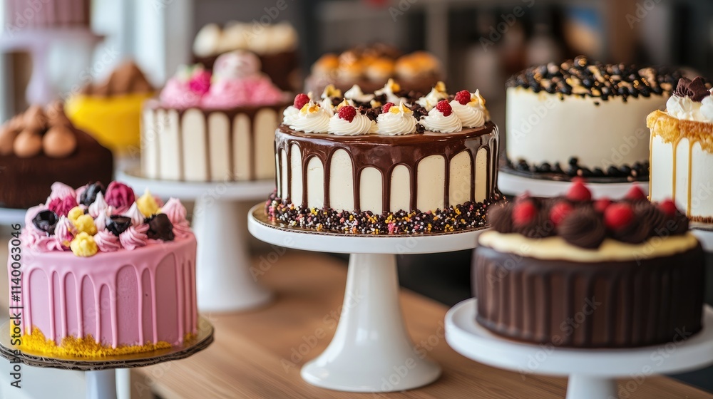 Poster close-up of an enticing display of assorted cakes at a street bar showcasing vibrant colors and deco