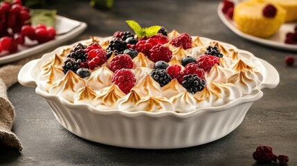 Baked meringue topped with fresh berries in a decorative dish on a rustic table setting