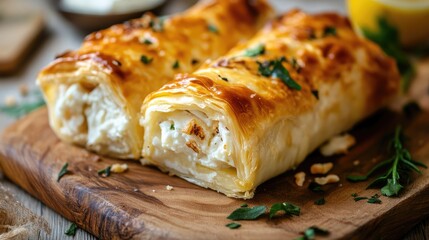 Cream filled pastry rolls on a wooden board with herbs and a rustic background showcasing delicious homemade dessert appeal.